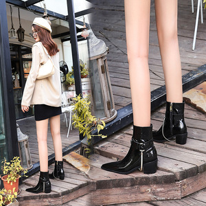 009-9 European and American wind fashion female boots, thick with high glossy patent leather with pointed nightclub meta