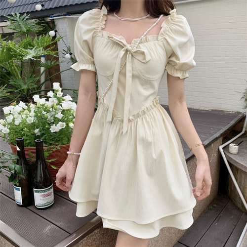 Tea Break French First Love Bow Dress Design Niche Solid Color Puff Sleeve Fairy A-Line Skirt Summer