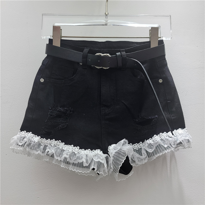 Pantalones Cortos de Mezclilla con Encaje Ligeramente Elásticos image 3
