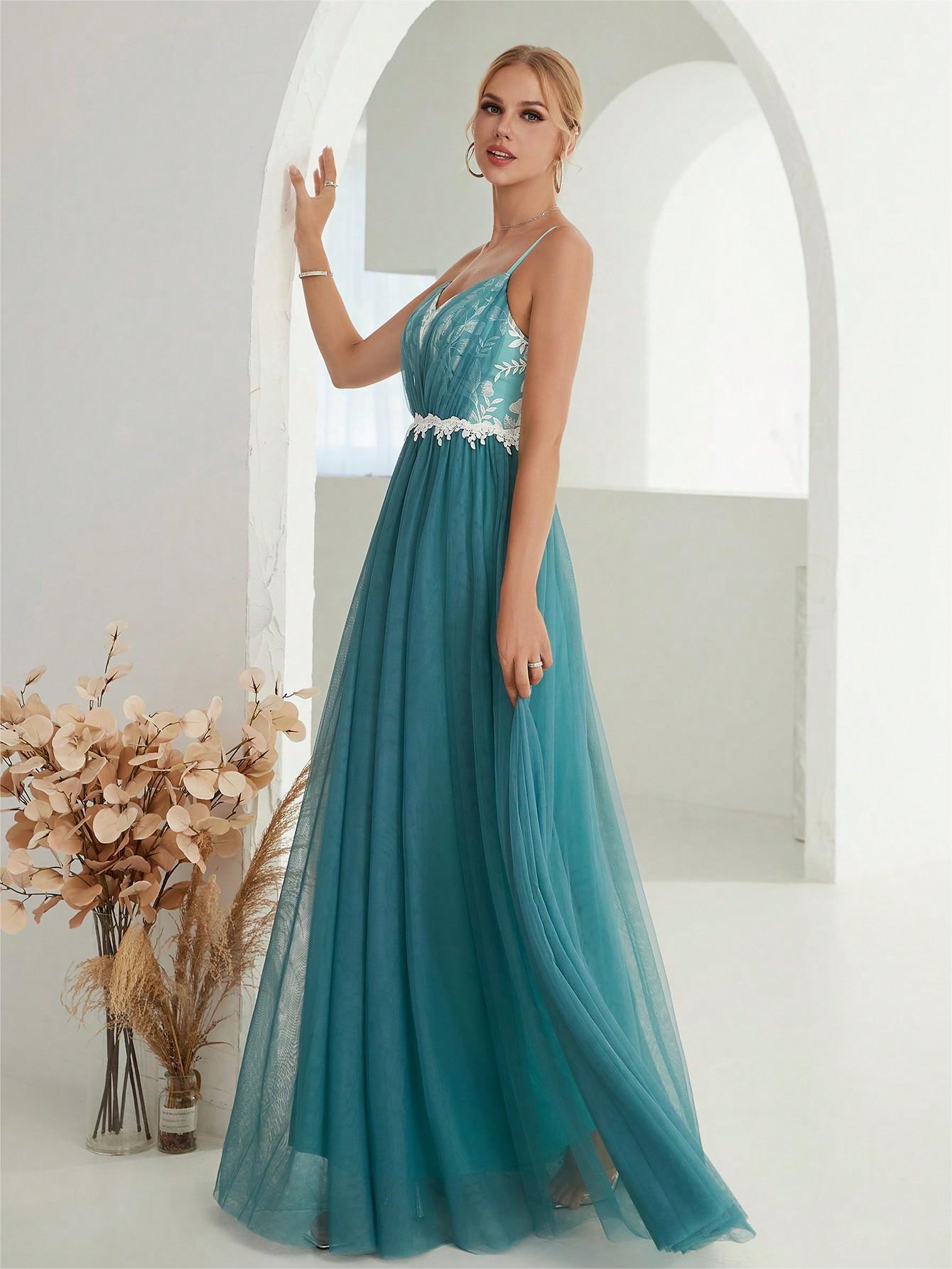 Women Suspender Evening Dress Mesh Cross Fold Lace Contrast Color Maxi Dress Summer