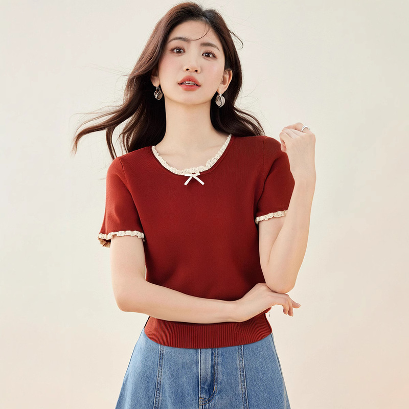 Red Lace Stitching Short-sleeved T-shirt Women's Summer 2025 Summer New Arrival Bow Round Neck Shoulder T-shirt Short Top