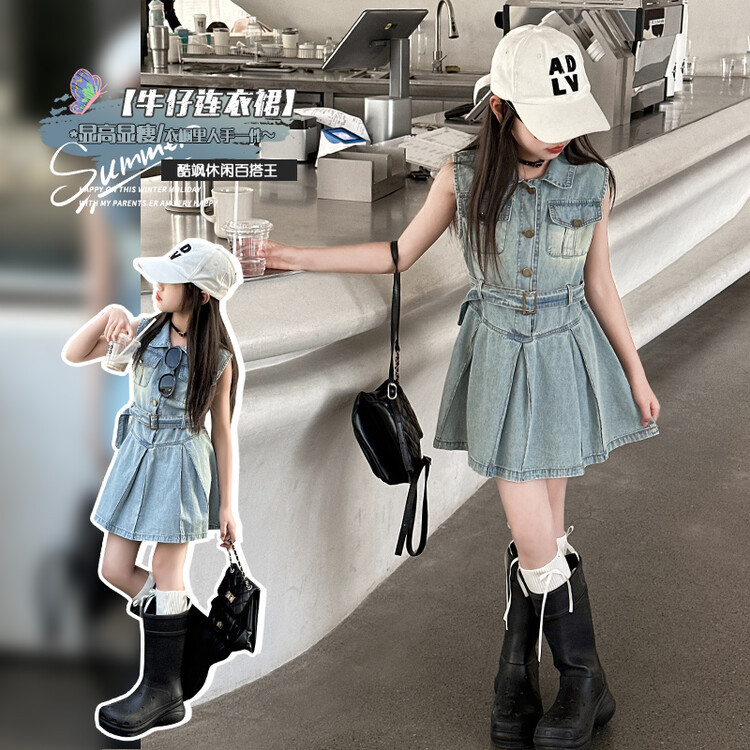 Girl's Denim Dress 2024 New Summer Children's Sleeveless Princess Dress Fashionable Summer Children's Internet Celebrity Dress
