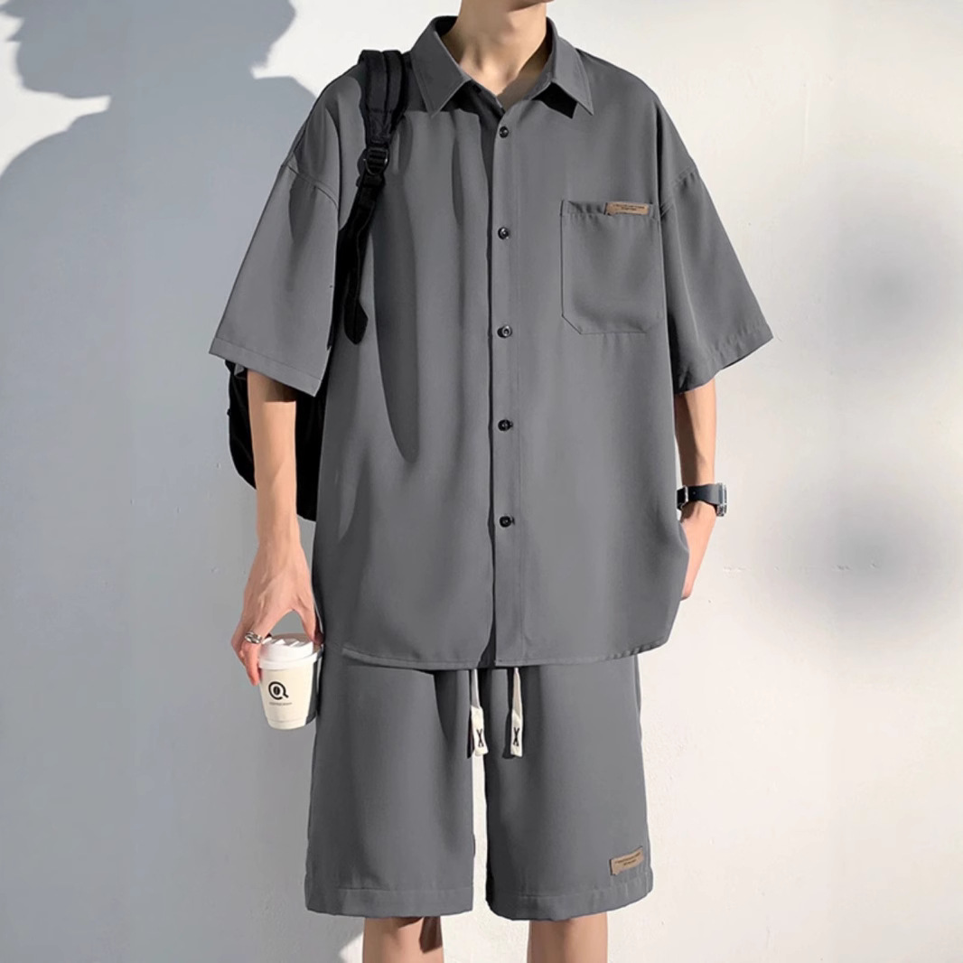 Men's Summer Sports and Leisure Shirt Ice Silk Breathable Suit Loose and Versatile Short-Sleeved Shorts Sports Two-Piece Set