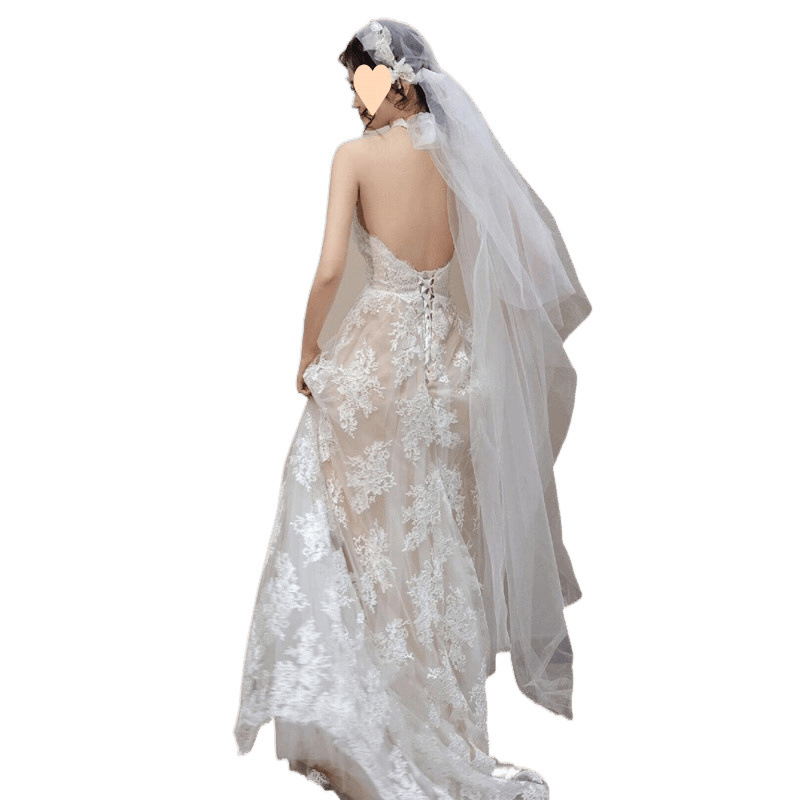 Abito da sposa vintage francese in pizzo leggero, stile foresta, di alta qualità, con colletto e scollo all'americana, per fidanzamento_voghion.com