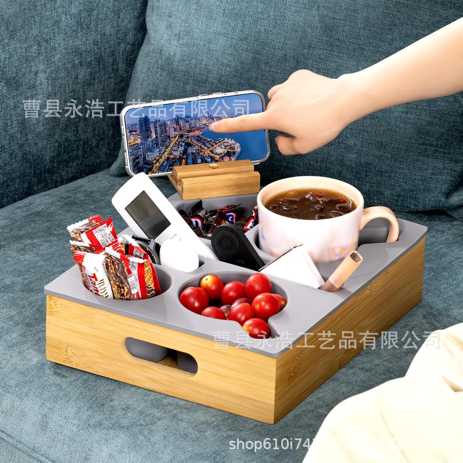 Cross-border anti-overflow silicone sofa beverage rack tray with rotating mobile phone holder desktop remote control snack storage box