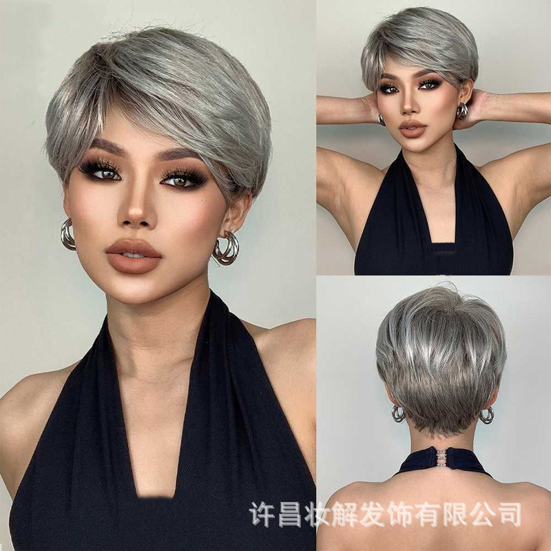 Cross-border European and American wig foreign trade women's silver gray short elf cut synthetic wig micro straight hair manufacturers wholesale