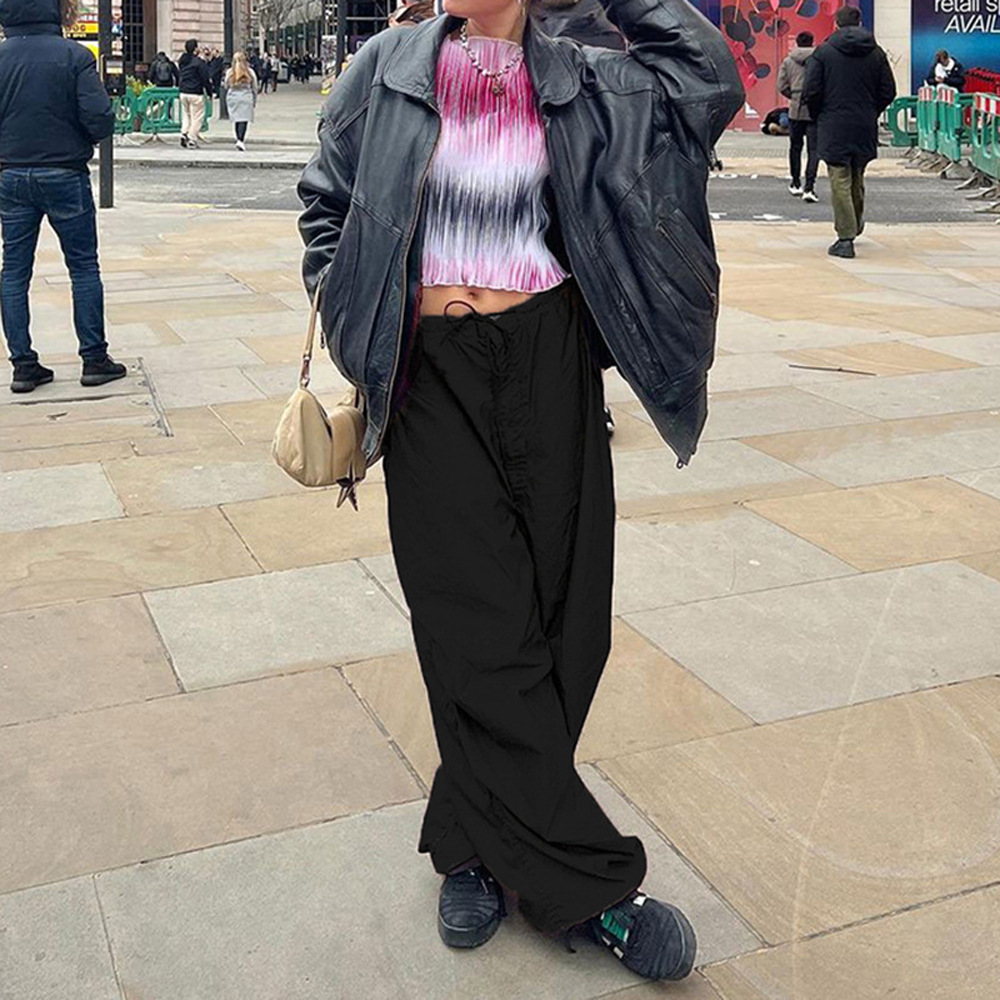 Vår/sommar 2024 Nya heta tjej-arbetskläder med resårband och dragsko, trendiga låg midjade vida ben, vardagsbyxor_voghion.com