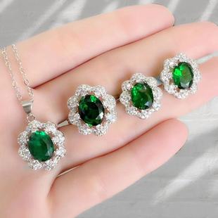 Temperament Inlaid with Diamond Light Luxury Design Simulation Green Diamond Accessories Blooming Flowers Ring Necklace Earrings Jewelry suit