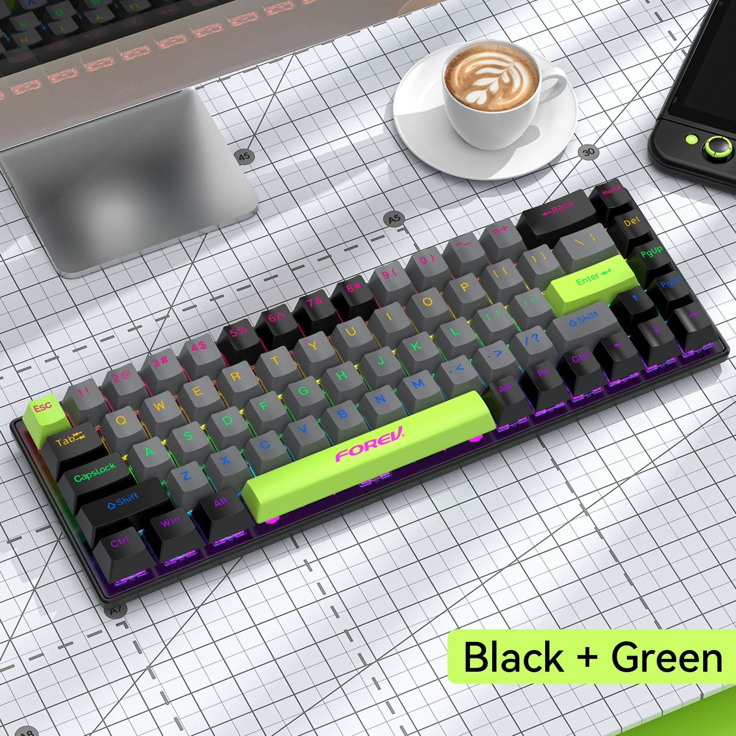 Механическая игровая клавиатура (Forev FV-Q68) проводная RGB, три режима, компактная портативная