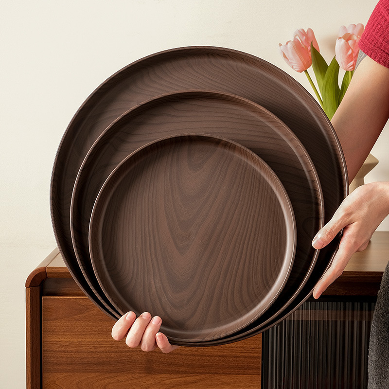 Exquisite Coffee Shop Imitation Wood Grain Afternoon Tea Tray Commercial Round Japanese Breakfast Tray Ins Style Cake Dessert Tray