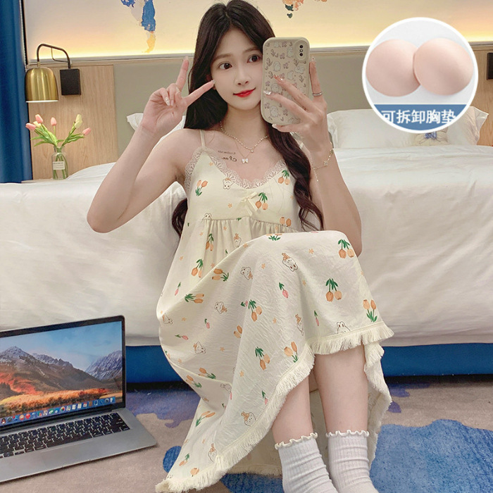 Pijamas de verano de niña cabina larga falda cojín de pecho camiseta ropa casera nubes de algodón dulce ropa casera