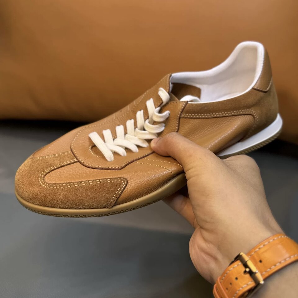 Giày sneaker nam , da tổng hợp phối lưới, đế cao 2,5 cm, buộc dây — Màu cà phê đậm
