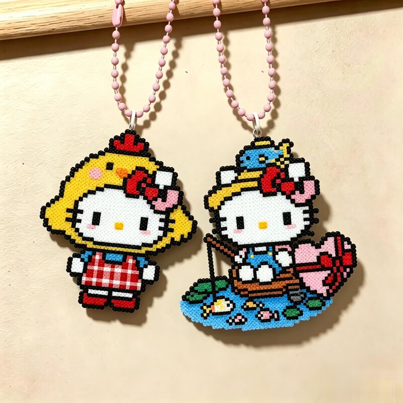 Pixel-style cartoon KT cat imitation bead chain pendant acrylic keychain cute creative gift bag accessory