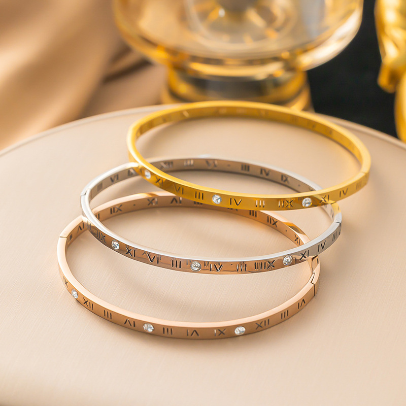 French Niche New Style Simple Design Titanium Steel Roman Numeral Single Diamond Bracelet High-Grade Titanium Steel Gold-Plated Non-Fading Women