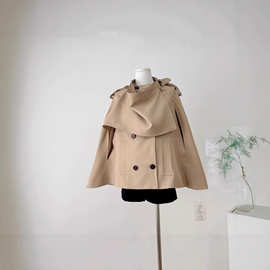 kubiliv梦回巴黎不规则双排扣斗篷披肩上衣复古设计风衣外套