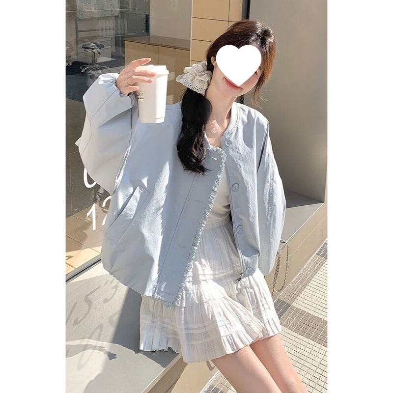 Light Blue Lace-Trimmed Short Baseball Jacket for Women, 2026 Spring New Korean Style, Super Stylish Thin Jacket