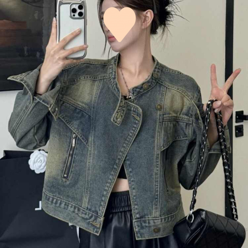 レトロな香港スタイルのスタンドカラーデニムショートジャケット女性のための初秋の新しいスタイルのルーズで多用途なカジュアルジャケットトップ|undefined