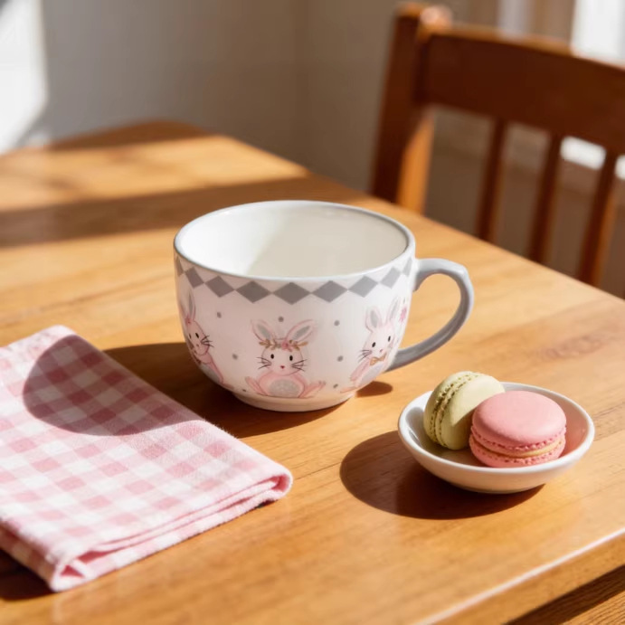 Taza de desayuno de leche de avena casera creativa dibujos animados lindo conejo mango de bolsillos de fideos de cerámica gruesa taza de sopa de gran capacidad