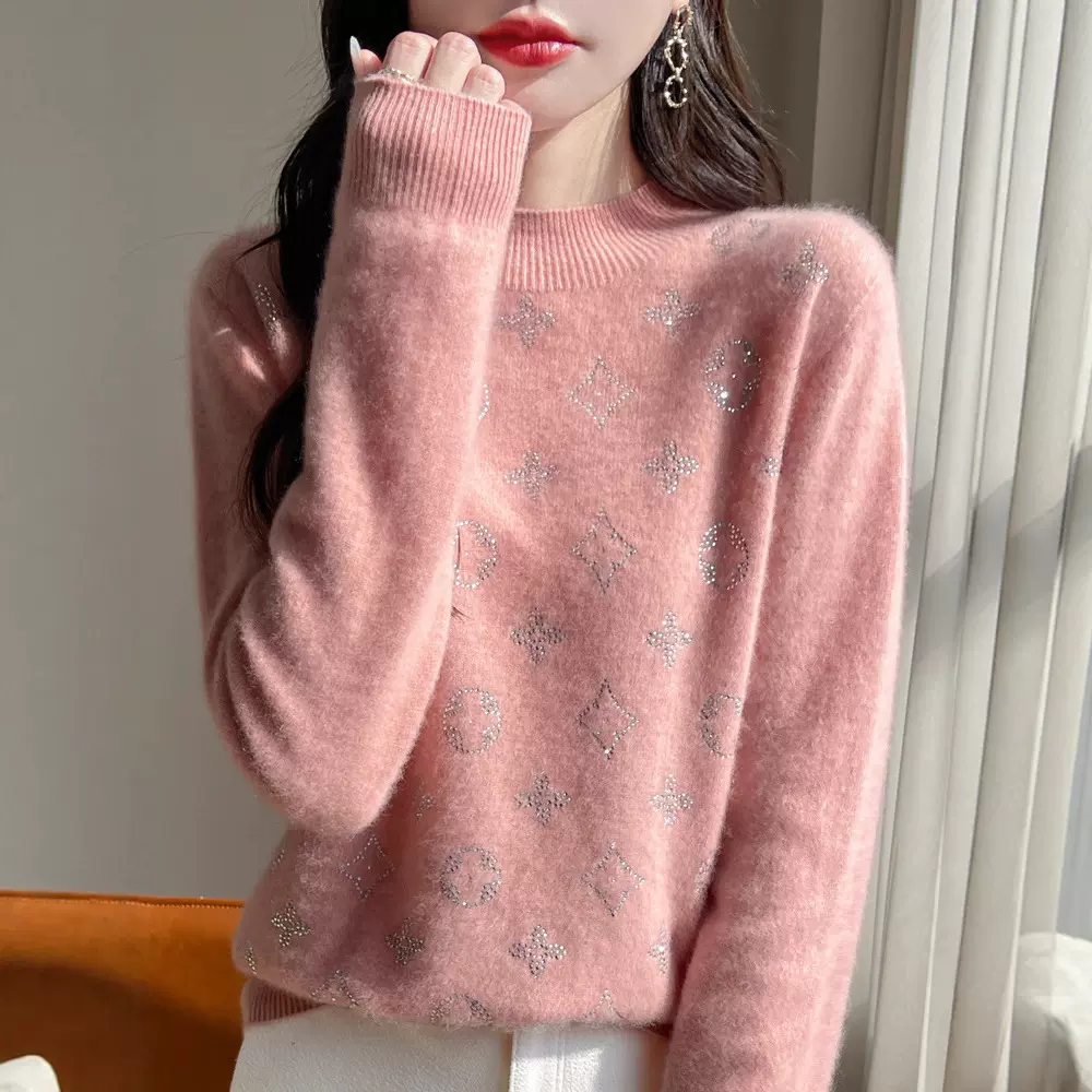 羊毛针织衫女装半高领字母烫钻羊绒套头打底衫2025秋冬新款