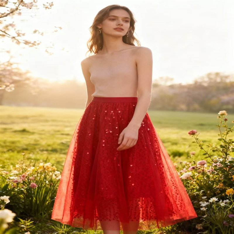 跨境直供法式亮片网纱半身裙秋冬高腰大摆a裙中长款网裙优雅时尚