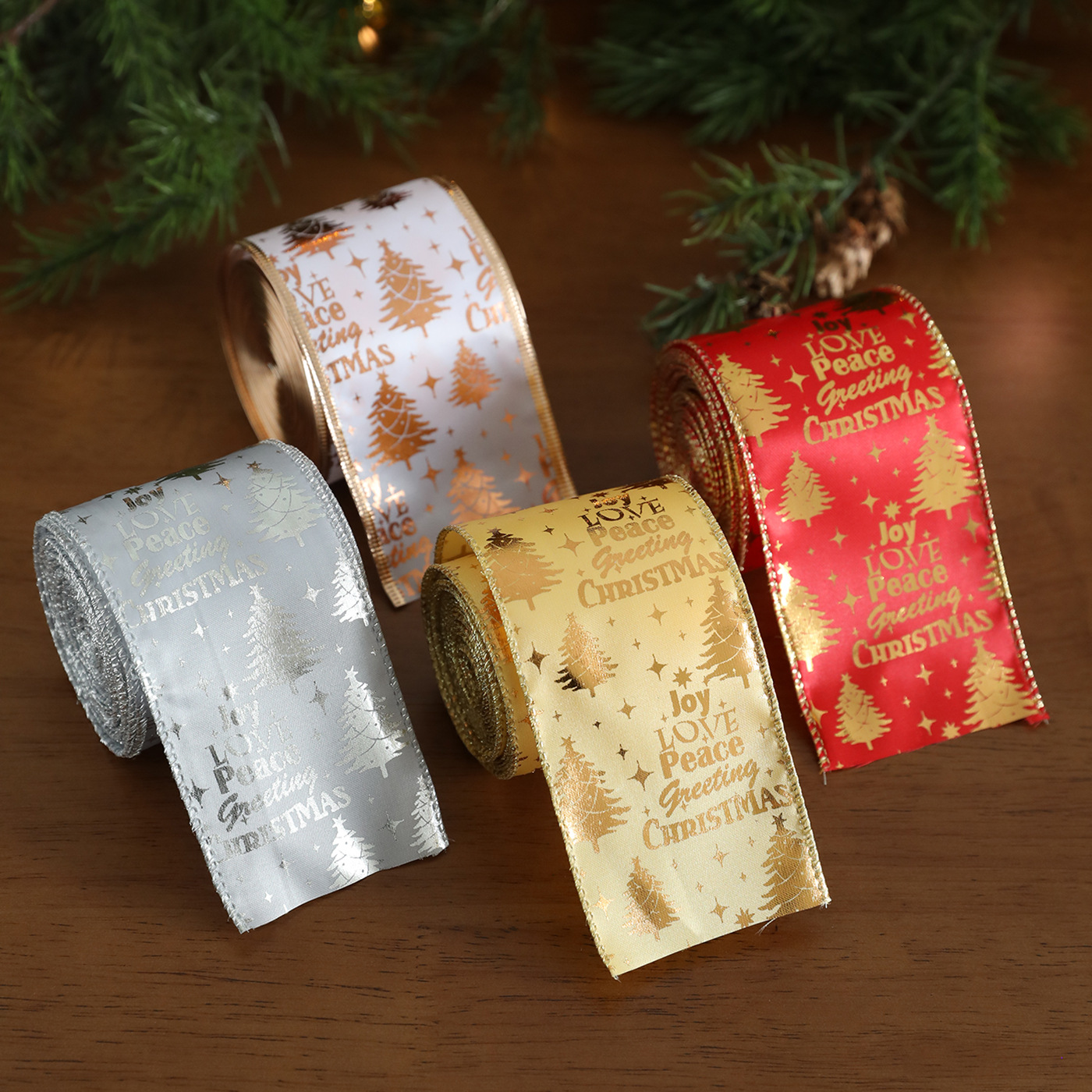 Tela de Navidad de cebolla dorada estampada caja de regalo de árbol de Navidad arco tejido cinta de cinta decoración cinta de colores cinta