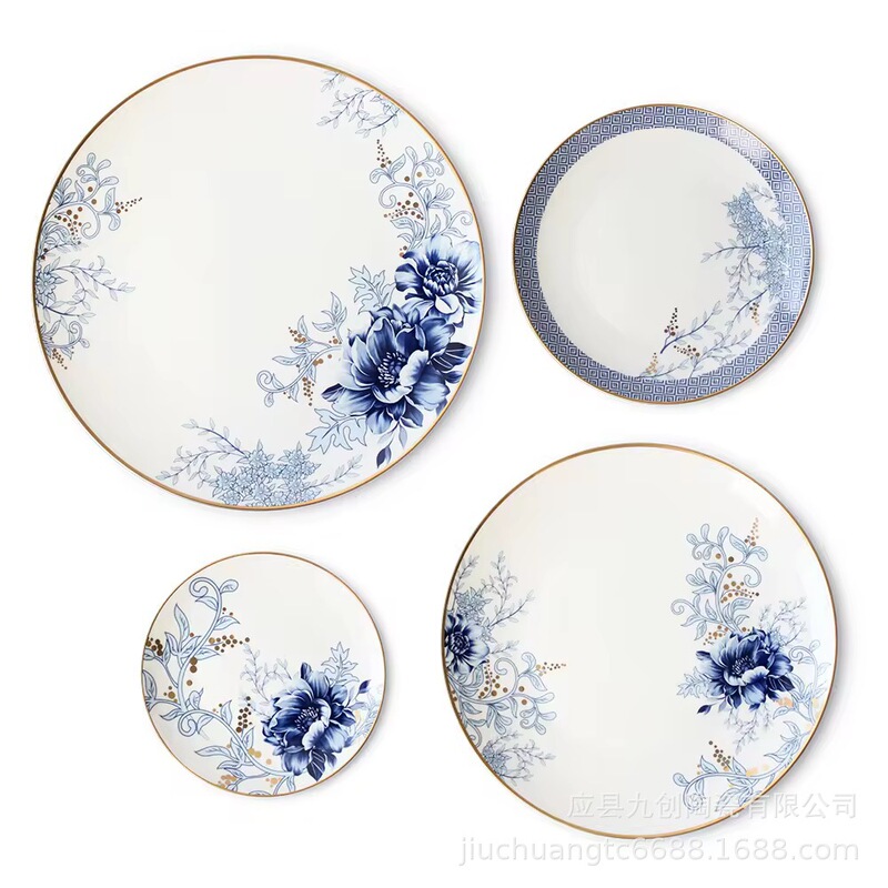 ins Style Simple Ceramic Plate Chinese Elements Blue Dinner Plate Household Set Nordic Western Dinner Plate Tableware Gift