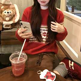 秋冬季新款绵羊绒拼色提花圣诞款毛衣女休闲慵懒风百搭针织衫上衣