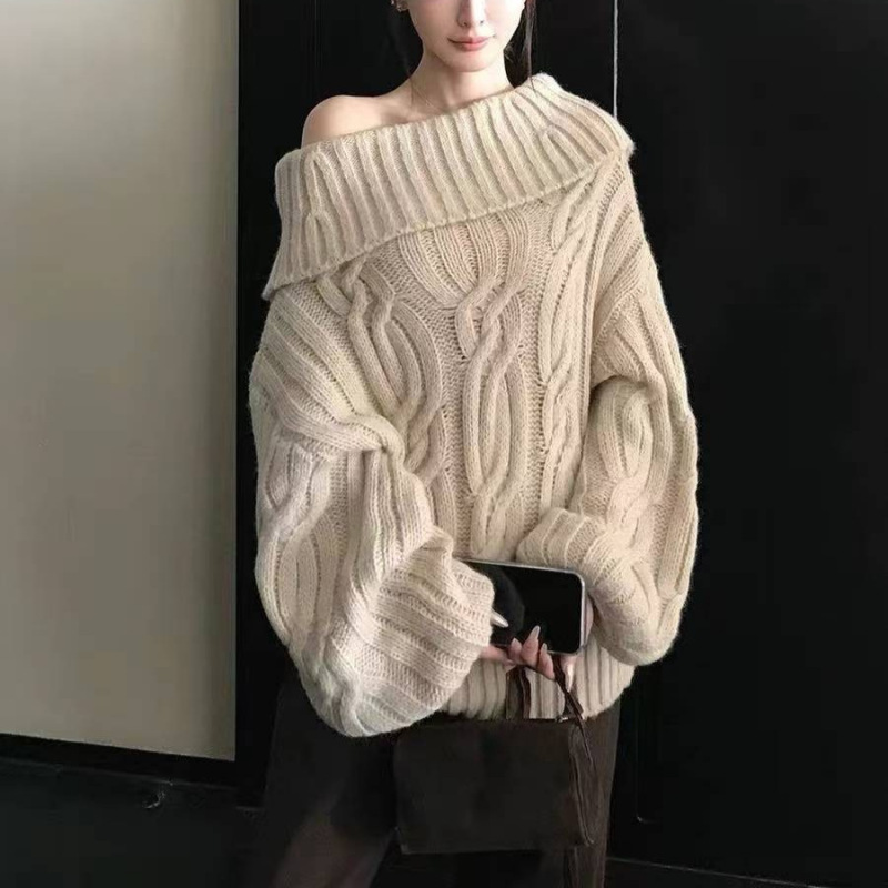 Cross-Border Lazy Style One-Shoulder Sweater for Women, Autumn and Winter Design, Turn-Down Collar, Off-Shoulder, Loose Mid-Length Cable Knit Sweater