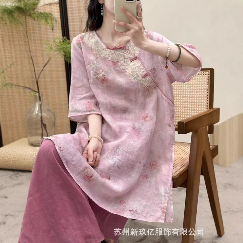 Mid-Length Ramie Embroidered Shirt for Women 2026 Summer New Style Artistic Retro Round Neck Mid-Sleeve Solid Color Loose Shirt