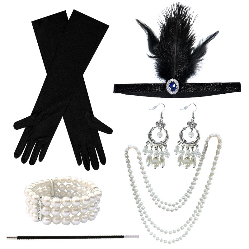 1920s retro estilo medieval de alta gama Gatsby accesorios idénticos plumas correa de cabeza guantes珍