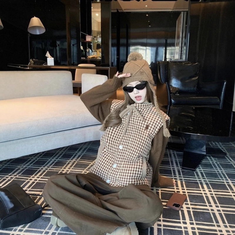 Rl Laffy Pony Embroidery Classic Melad Plaid Khaki down Vest Jacket Sweatshirt Suit Women's Winter