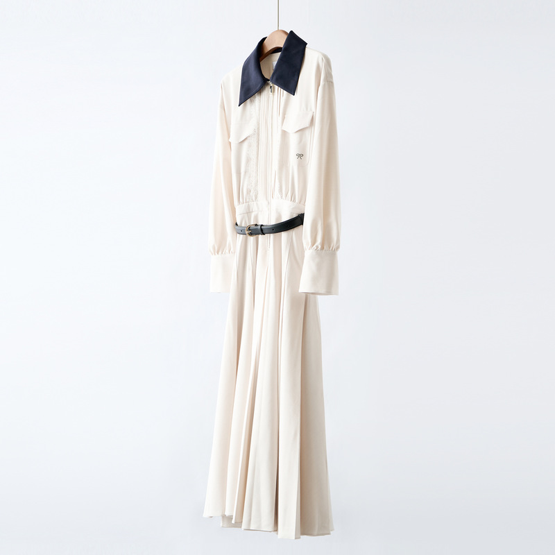 [Same Style in Shopping Malls] g on 4K+2025 Early Autumn New Style Light Beige Apricot Elegant Contrasting Color Lapel Shirt Dress for Women