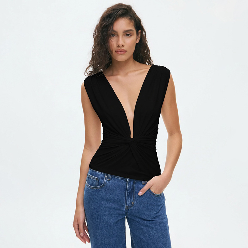 Women's V Neck Pullover Top Spring Summer Solid Color Ruched Knot Waist Cinching New Fashion_ecoleips.com