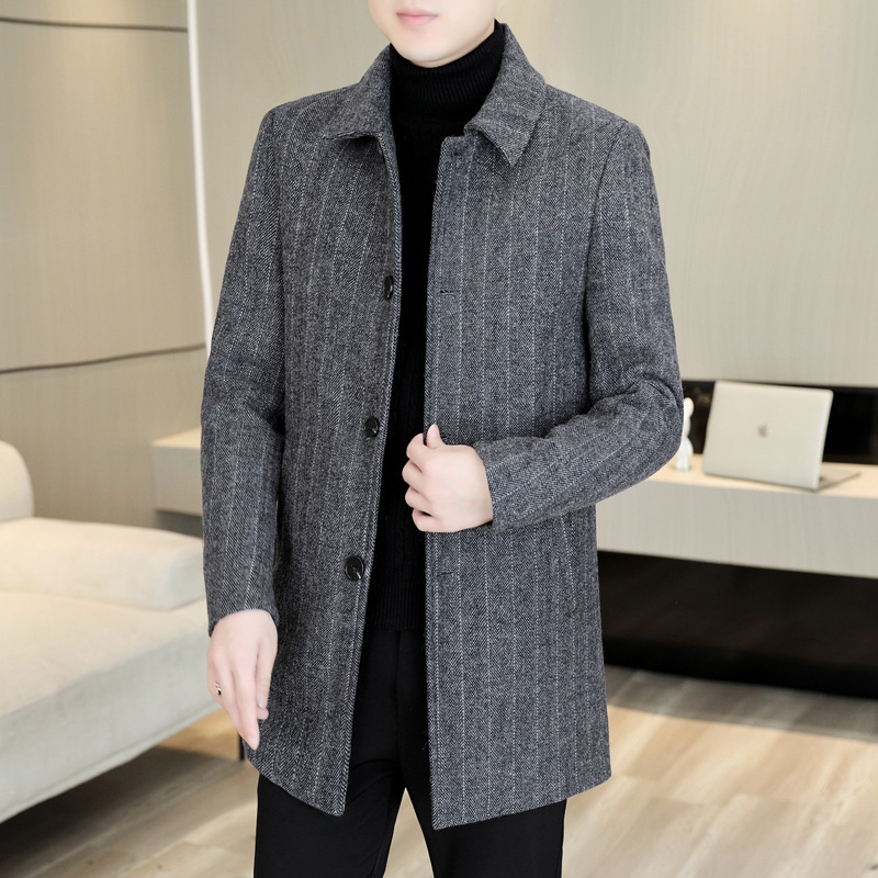 Woolen Coat Men's Mid-Length Winter Cashmere Windbreaker Korean Style Casual Woolen Thickened Coat