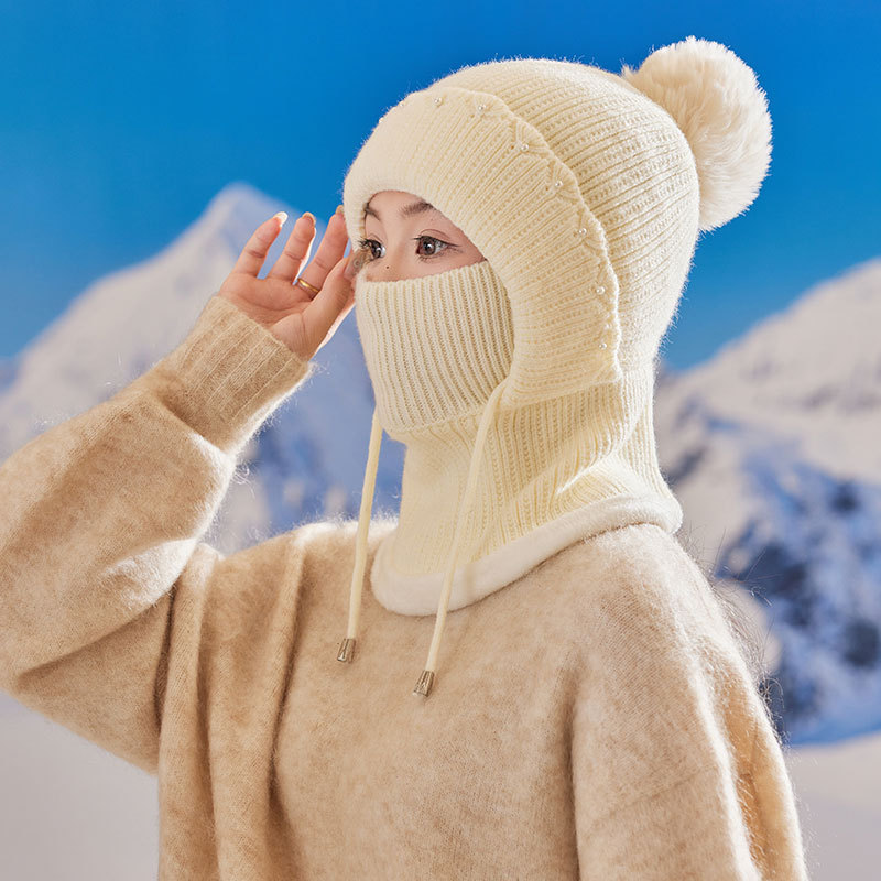 珍珠加绒厚连体帽子女士冬季围脖一体口罩帽户外防风寒保暖骑车帽|undefined