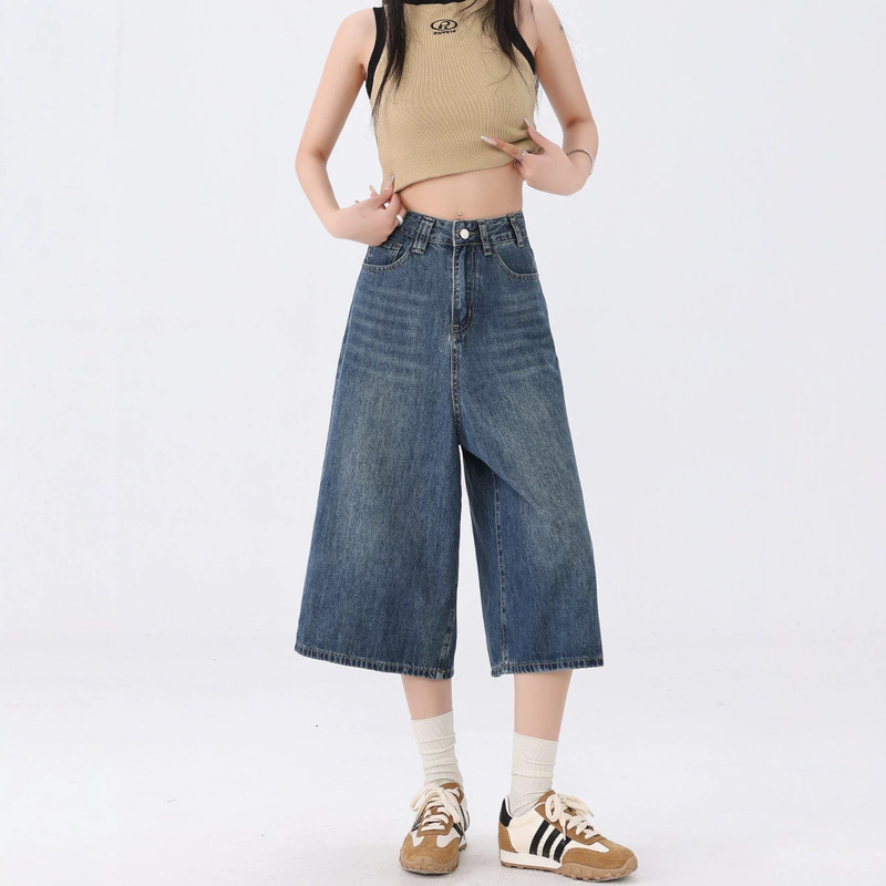 American Retro Straight-Leg Wide-Leg Cropped Jeans for Women, Summer Thin Style 2026, Low-Waist Mid-Length Pants for Women, Summer Thin Cropped Pants