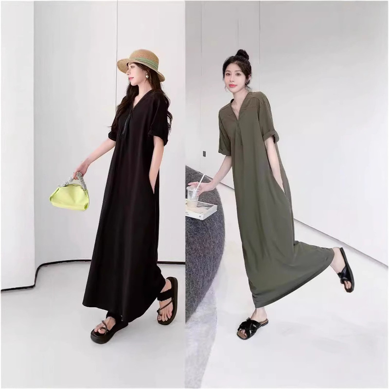 Plus Size mm Retro Hepburn Zipper Long Dress Women's Summer Versatile V Neck Skirt Loose Slimming Look Belly-Covering Long Skirt Plus Size mm Retro Hepburn Zipper Long Dress Women's Summer Versatile V Neck Skirt Loose Slimming Look Belly-Covering Long Skirt