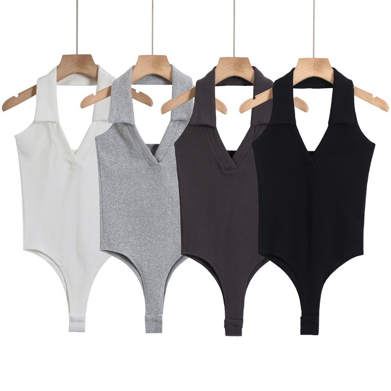 純欲2024早春性感V領掛脖連體上衣女歐美卡戴珊緊身內搭顯瘦背心