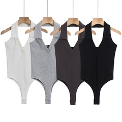 純欲2024早春性感V領掛脖連體上衣女歐美卡戴珊緊身內搭顯瘦背心