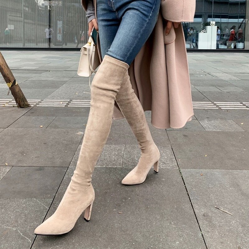 Pointed-Toe High-Heeled Over-The-Knee Boots, Long Boots for Women, Autumn 2025, Apricot Suede Elastic Slim Boots, Chunky Heel High Boots Pointed-Toe High-Heeled Over-The-Knee Boots, Long Boots for Women, Autumn 2025, Apricot Suede Elastic Slim Boots, Chunky Heel High Boots