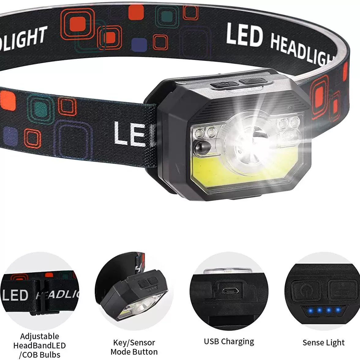 新款LED强光感应头灯多功能头戴式手电USB充电轻量夜跑小头灯