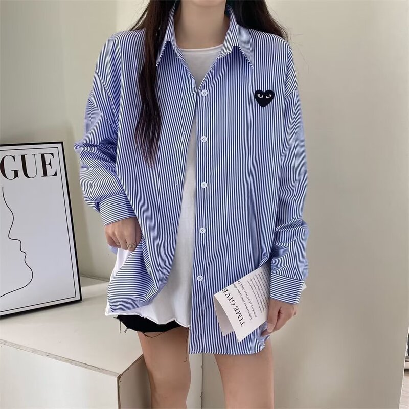 Thin Striped Shirt for Men, Autumn Ins Hong Kong Style Japanese Korean Version, Slim Trendy Versatile Embroidered Heart Shirt for Men