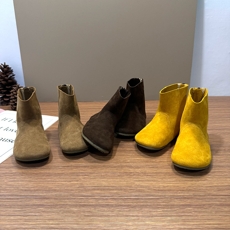 Retro British Style Short Boots for Women, Autumn New Western Cowboy Prairie Round-Toe Solid Color Suede Children's Ken Boots in Stock