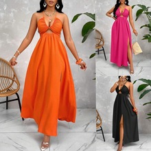 2025亚马逊跨境欧美性感抹胸V领连衣裙宽松沙滩度假风开叉吊带裙