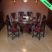 餐桌全实木中式仿古大户型雕花大圆桌家用饭桌带转盘餐桌椅