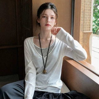 假两件撞色条纹长袖t恤女2026秋季新款穿搭韩系宽松慵懒风上衣潮