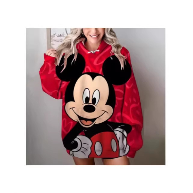 Women's Disney Mickey Mouse Patterned Hooded Sweatshirt with Long Sleeves and Loose Fit, Suitable for Everyday Wear in Autumn and Winter Women's Disney Mickey Mouse Patterned Hooded Sweatshirt with Long Sleeves and Loose Fit, Suitable for Everyday Wear in Autumn and Winter