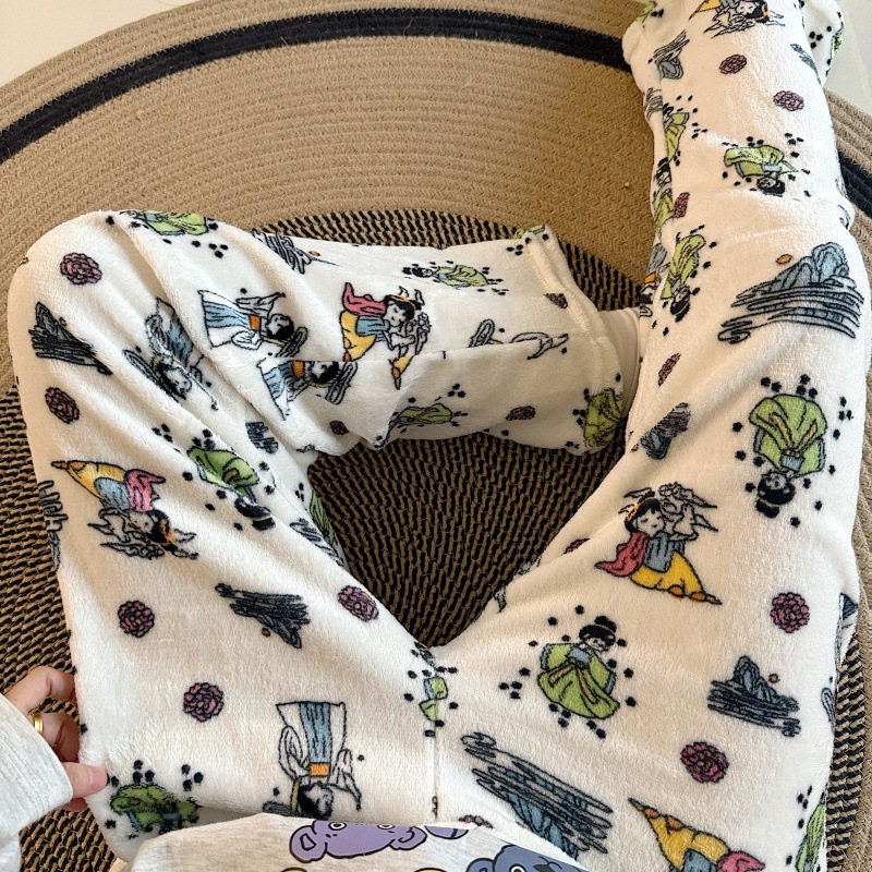 Pantalones de pijama de franela de dibujos animados de otoño y invierno para mujeres con pantalones de lana de coral caliente para estudiantes de lana de invierno para el hogar