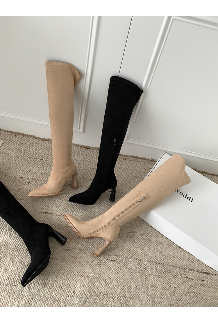 Boot nữ cổ cao quá gối mũi nhọn gót vuông 9cm da lộn co giãn phong cách Hàn Quốc — đen, mơ chi tiết 29