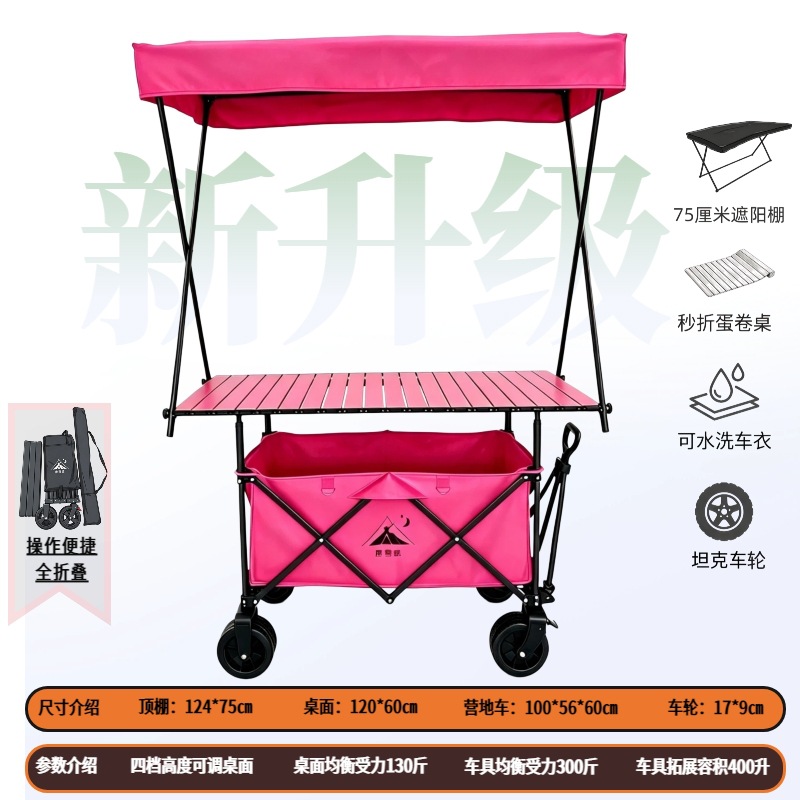 Carro Plegable de Campamento y Puesto de Metal con Mango Telescópico para Picnic al Aire Libre